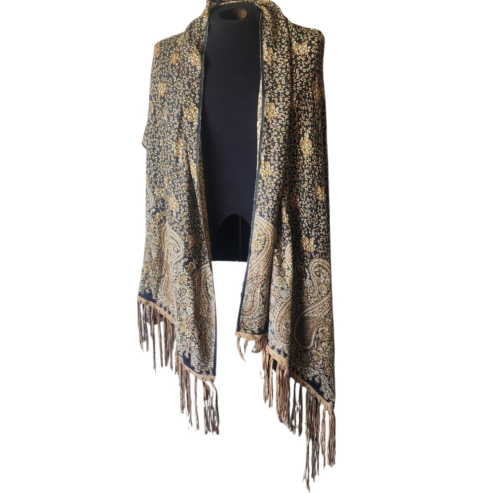 Vintage Boho Chic Paisley Shawl Scarf Wrap Genuine Leather Fringe Reversible